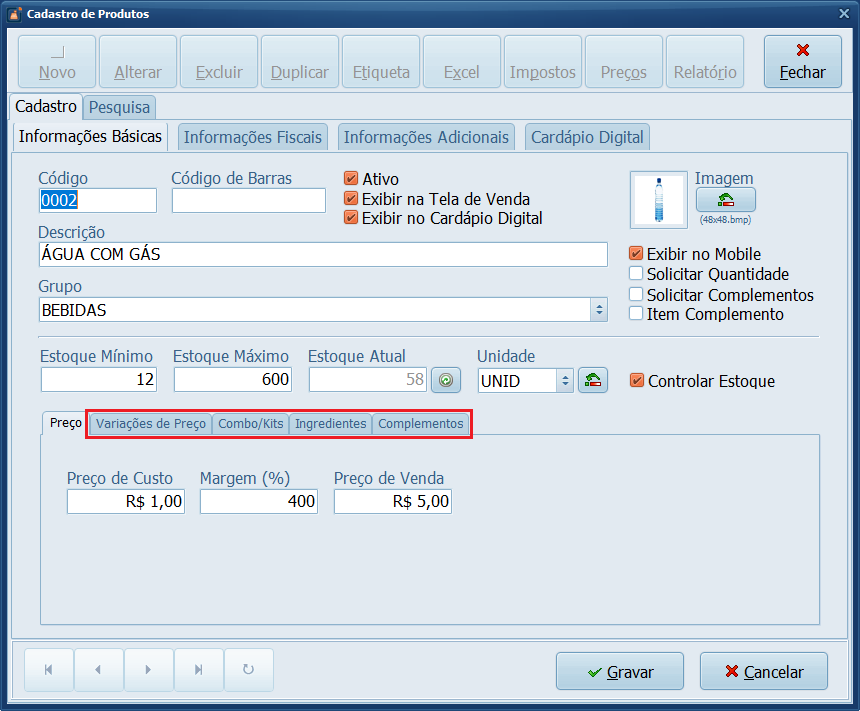Outras Abas_Cadastro de Produto | Datacaixa