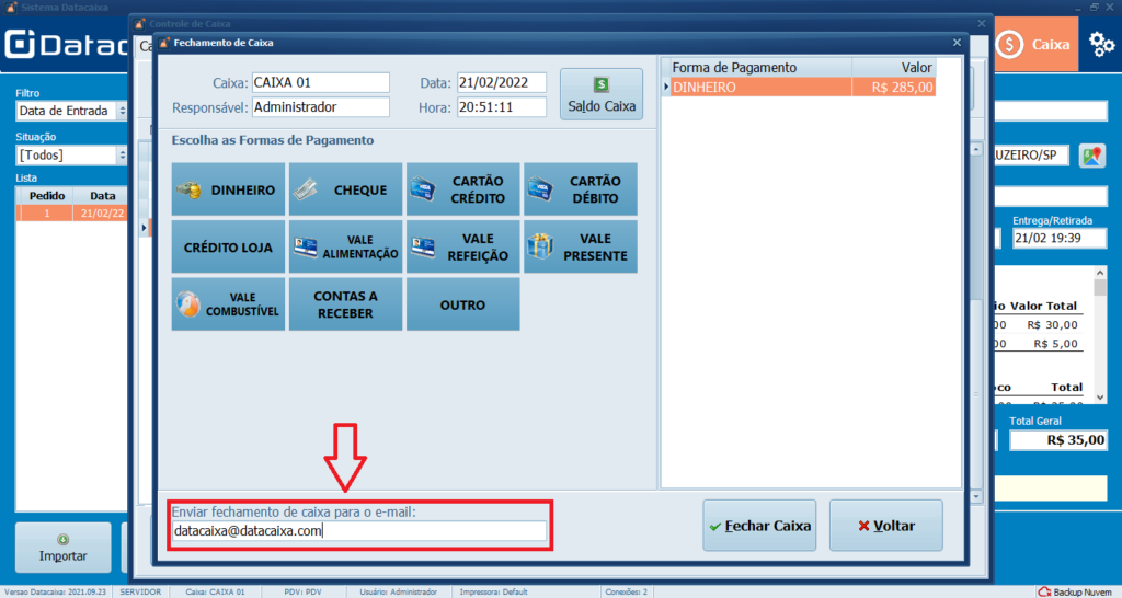 INSERIR EMAIL FECHAMENTO DE CAIXA | Datacaixa INSERIR EMAIL FECHAMENTO DE CAIXA