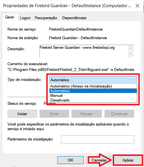 propriedades-servico-firebird-inicializacao | Datacaixa