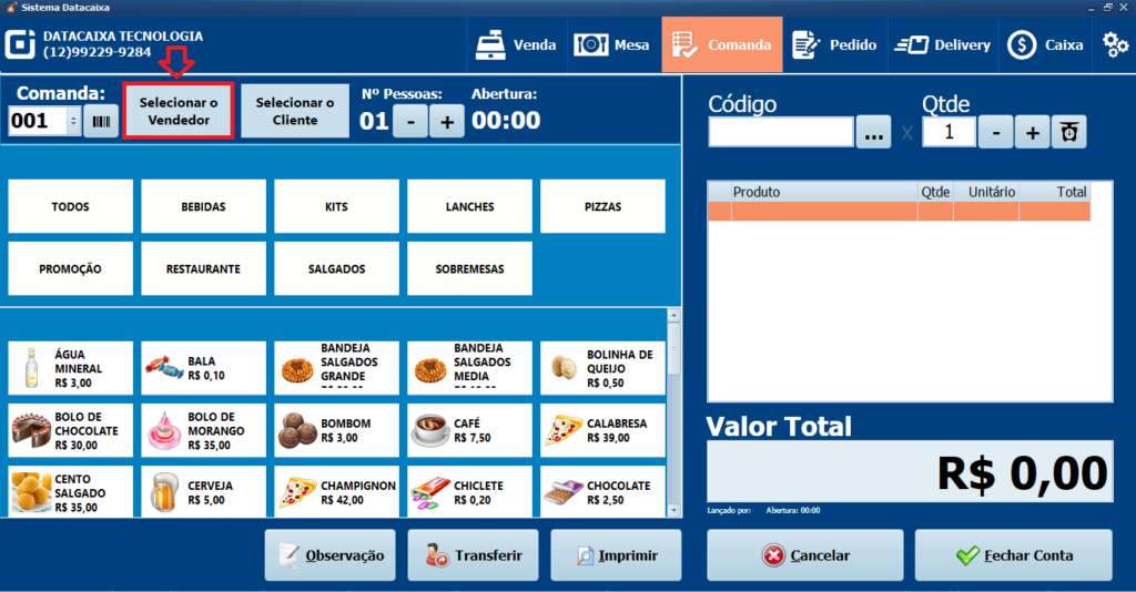 SELECIONAR VENDEDOR COMANDA | Datacaixa SELECIONAR VENDEDOR COMANDA