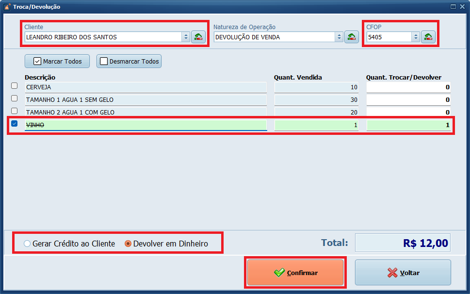 Devolução Item | Datacaixa Devolução Item