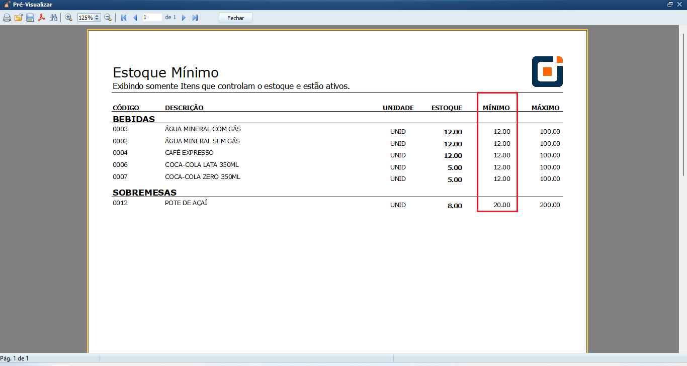 Relatório_Estoque Mínimo | Datacaixa Estoque Mínimo