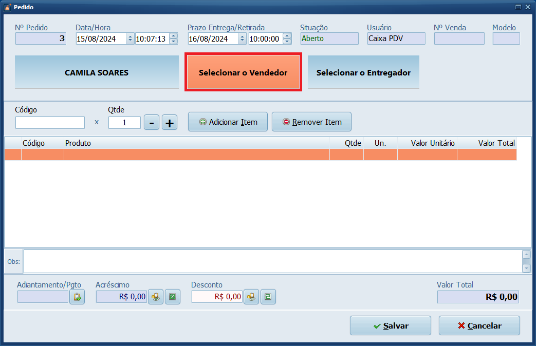 Selecione o Vendedor_Pedido | Datacaixa