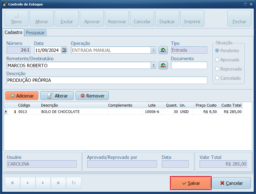 Controle de Estoque_Salvar | Datacaixa