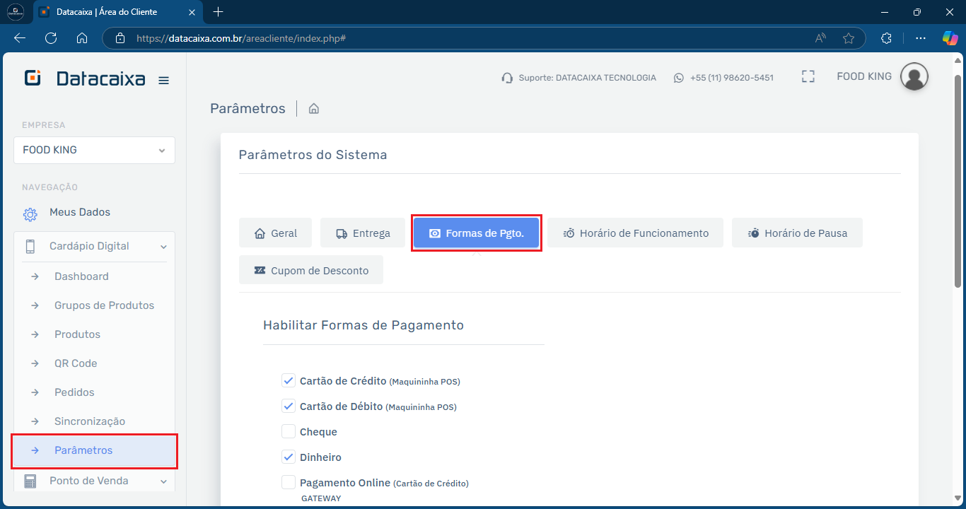 Formas de Pagamento_Parâmetros_Cardápio Digital_Pagamento Online | Datacaixa