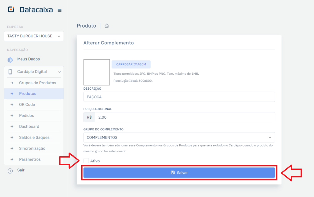Inativar Complemento Confirmar no Cardápio | Datacaixa Inativar Complemento Confirmar no Cardápio