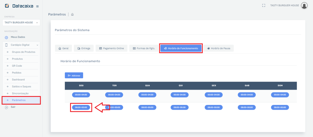 Horário de Funcionamento Editar no Cardápio | Datacaixa Horário de Funcionamento Editar no Cardápio