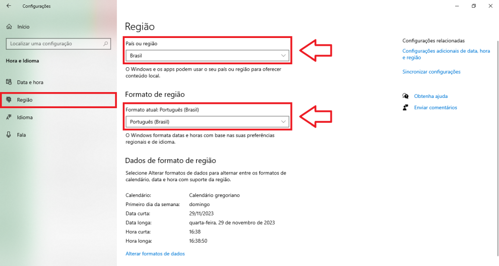 Configurações Região e Formato de região | Datacaixa Configurações Região e Formato de região
