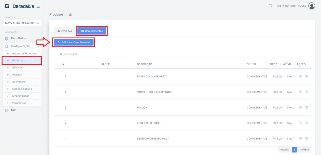 Adicionar Complementos Cardápio | Datacaixa Adicionar Complementos Cardápio