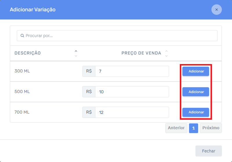 Valor Variações Adicionar no Cardápio | Datacaixa Valor Variações Adicionar no Cardápio