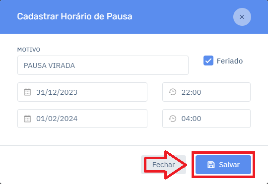 Horário de Pausa Salvar no Cardápio | Datacaixa Horário de Pausa Salvar no Cardápio