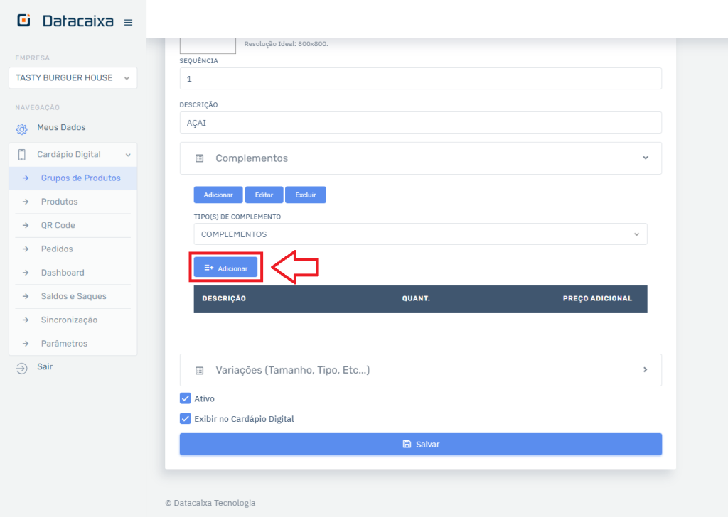 Complementos Adicionar no Cardápio | Datacaixa Complementos Adicionar no Cardápio