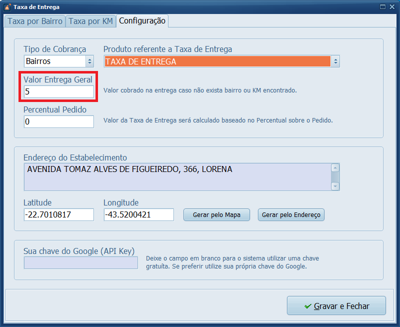 Taxa de Entrega Configuração Valor Entrega Geral | Datacaixa Taxa de Entrega Configuração Valor Entrega Geral