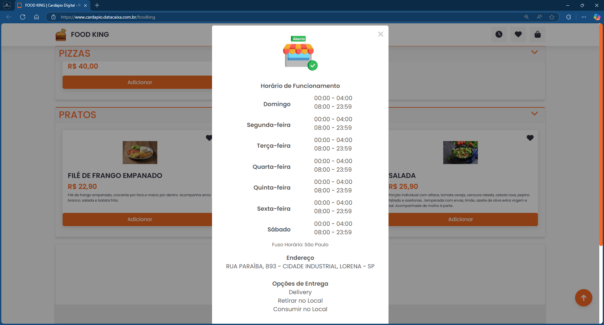 Horário de Funcionamento_Cardápio Digital_Pernoite | Datacaixa horário de funcionamento