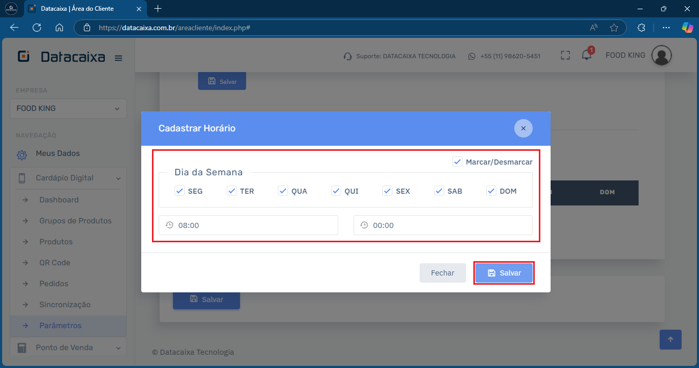 Horário de Funcionamento_Cardápio_Salvar | Datacaixa
