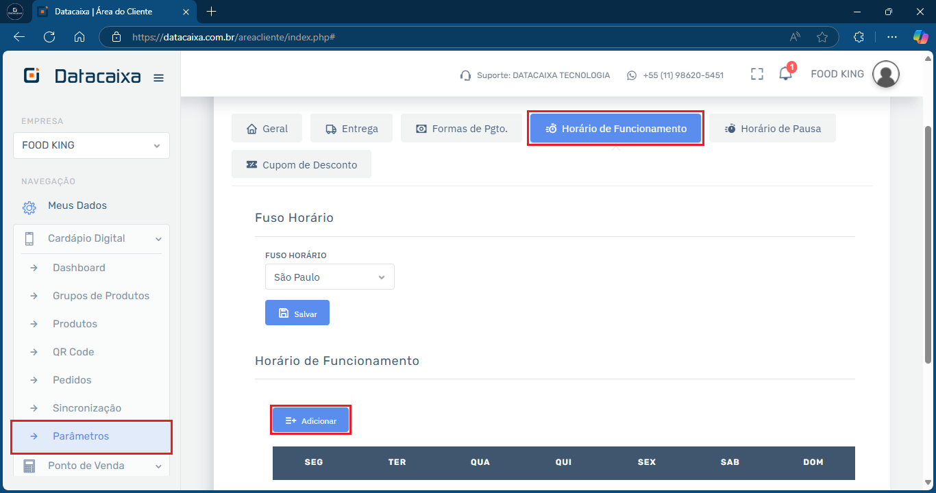 Horário de Funcionamento_Parâmetros_Adicionar | Datacaixa