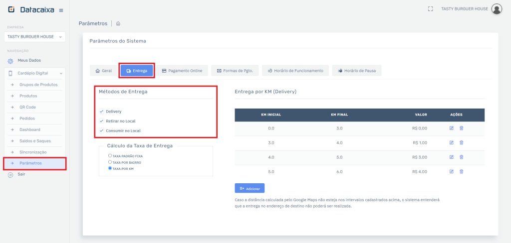 Métodos de Entrega no Cardápio | Datacaixa Métodos de Entrega no Cardápio
