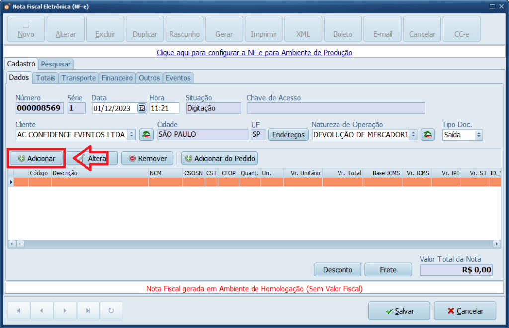 NFe Adicionar Produto Devolução | Datacaixa NFe Adicionar Produto Devolução