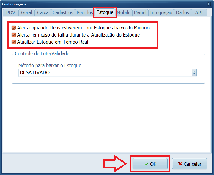Configurações aba Estoque | Datacaixa Configurações aba Estoque