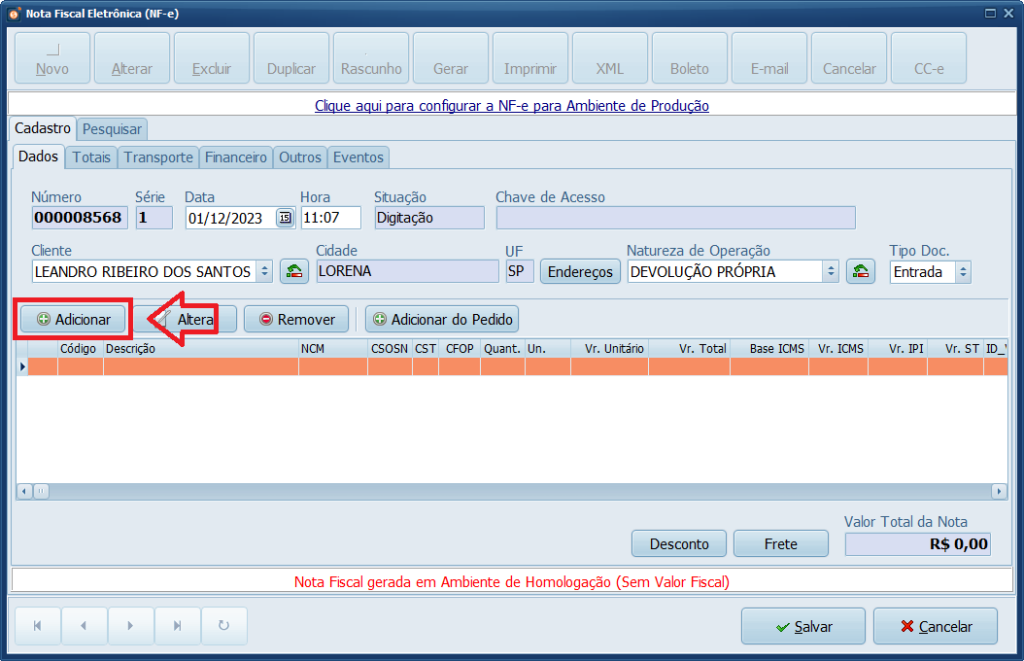NFe Adicionar Produto Devolução Própria | Datacaixa NFe Adicionar Produto Devolução Própria