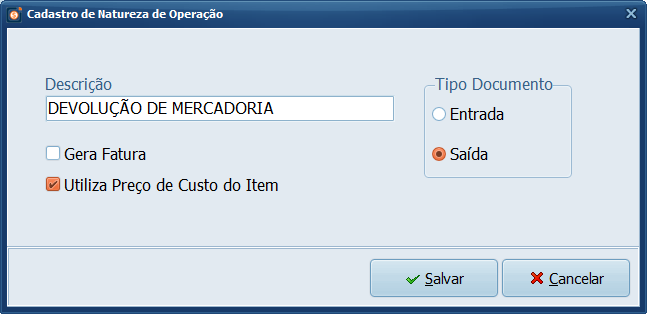 Cadastro de Natureza de Operação DEVOLUÇÃO DE MERCADORIA | Datacaixa Cadastro de Natureza de Operação DEVOLUÇÃO DE MERCADORIA