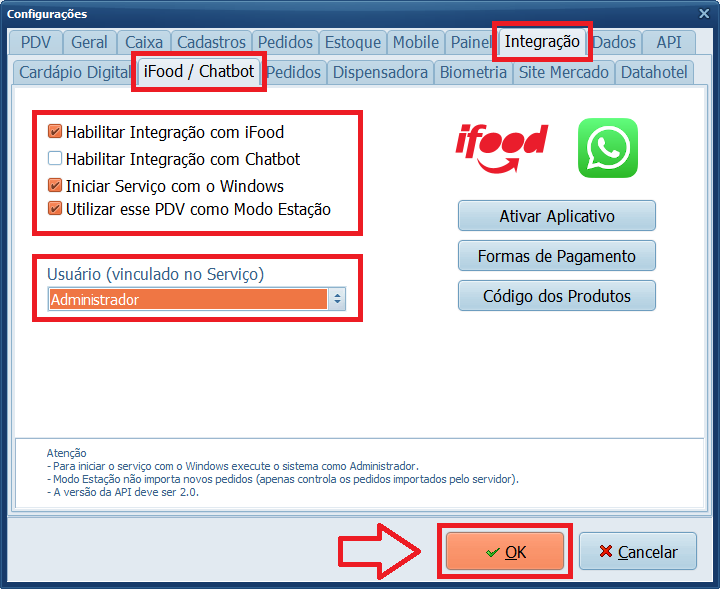Configurações aba Integração iFood Chatbot Parâmetros e Usuário | Datacaixa Configurações aba Integração iFood Chatbot Parâmetros e Usuário