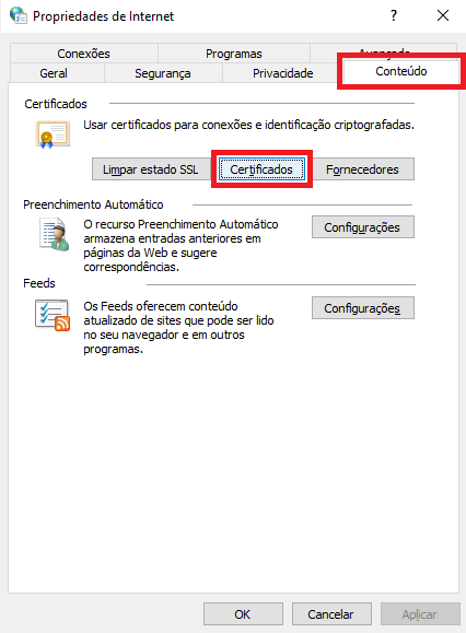 Propriedades da Internet aba Conteúdo e Certificados | Datacaixa Propriedades da Internet aba Conteúdo e Certificados