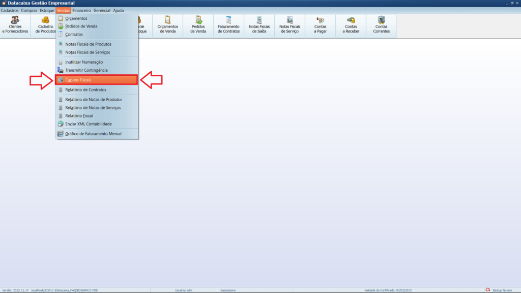 Menu Vendas Configurações Fiscais | Datacaixa Menu Vendas Configurações Fiscais
