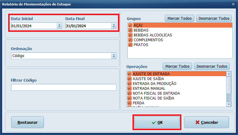 Relatório de Movimentações de Estoque Filtros | Datacaixa Relatório de Movimentações de Estoque Filtros