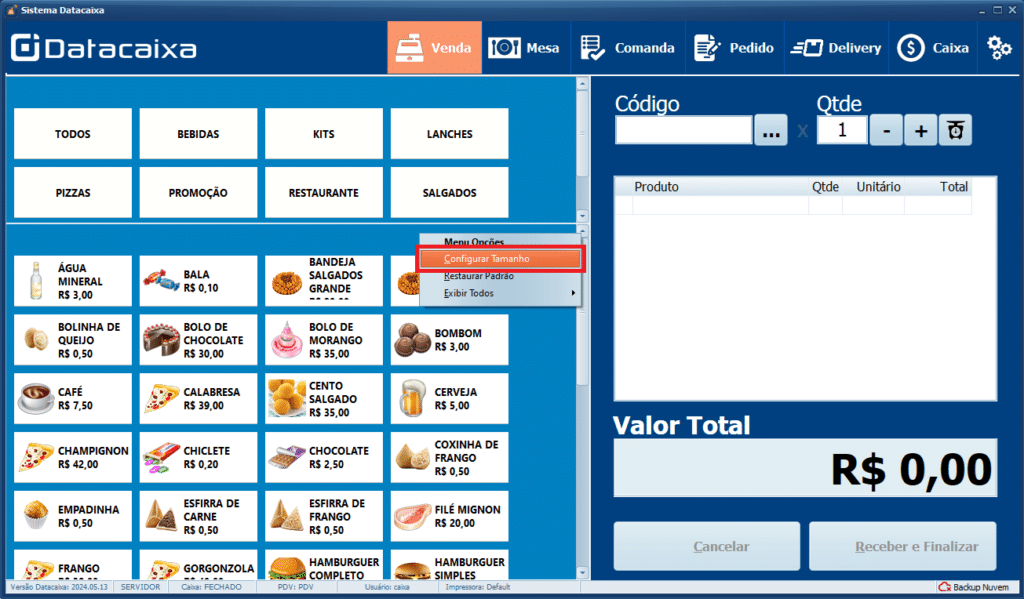 Configurar Tamanho | Datacaixa Configurar Tamanho