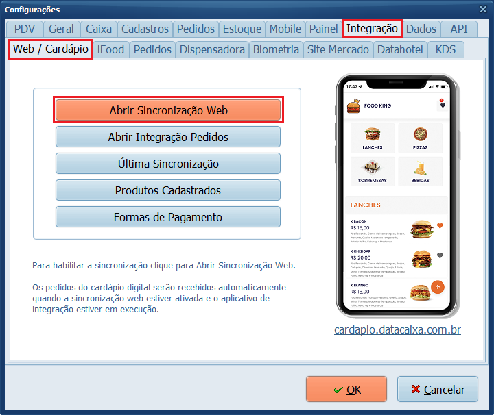 Integração_Web Cardápio_Abrir Sincronização Web | Datacaixa