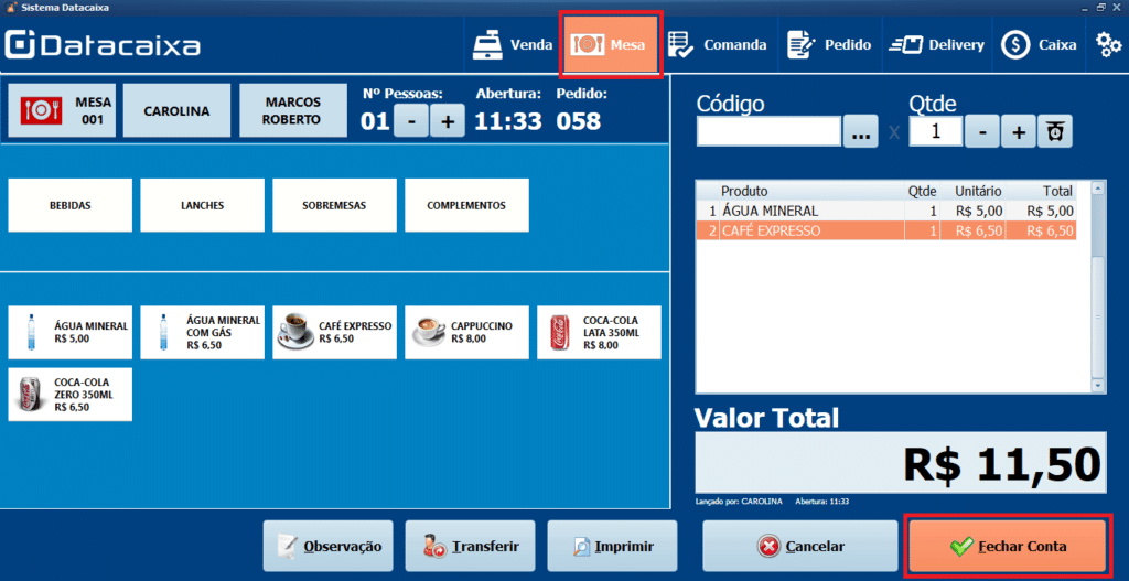 Fechar Conta_Mesa | Datacaixa