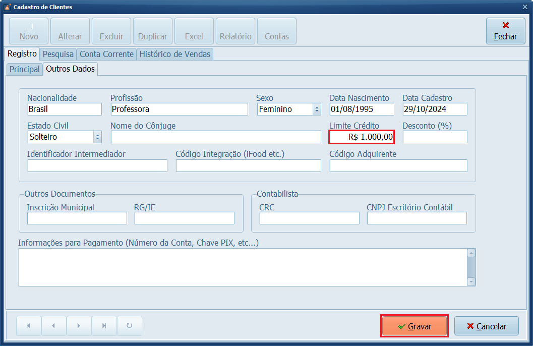 Cadastro de Cliente_Outros Dados_Limite de Crédito | Datacaixa Limite de Crédito