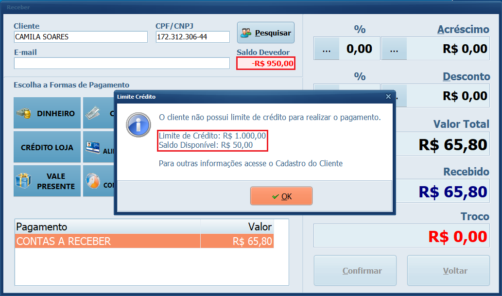 Mensagem_Limite de Crédito | Datacaixa Mensagem: O cliente não possui limite de crédito para realizar o pagamento.