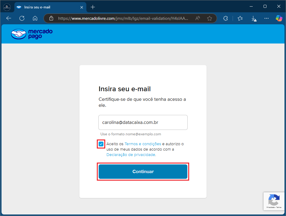 Inserir e-mail_Continuar_Mercado_Pago | Datacaixa