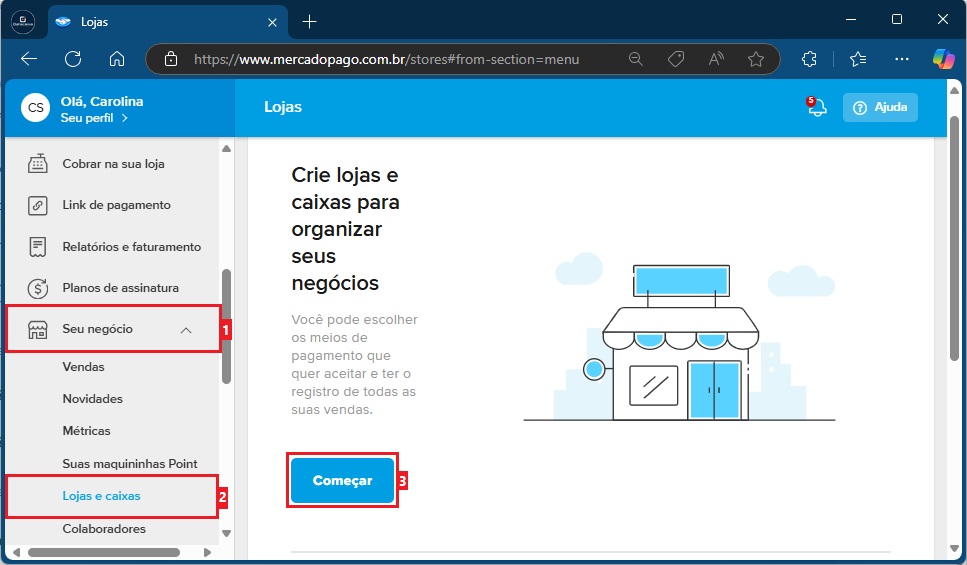 Meu negócio_Contas e Caixas_Mercado Pago | Datacaixa Menu > Seu negócio > Lojas e Caixas > Começar