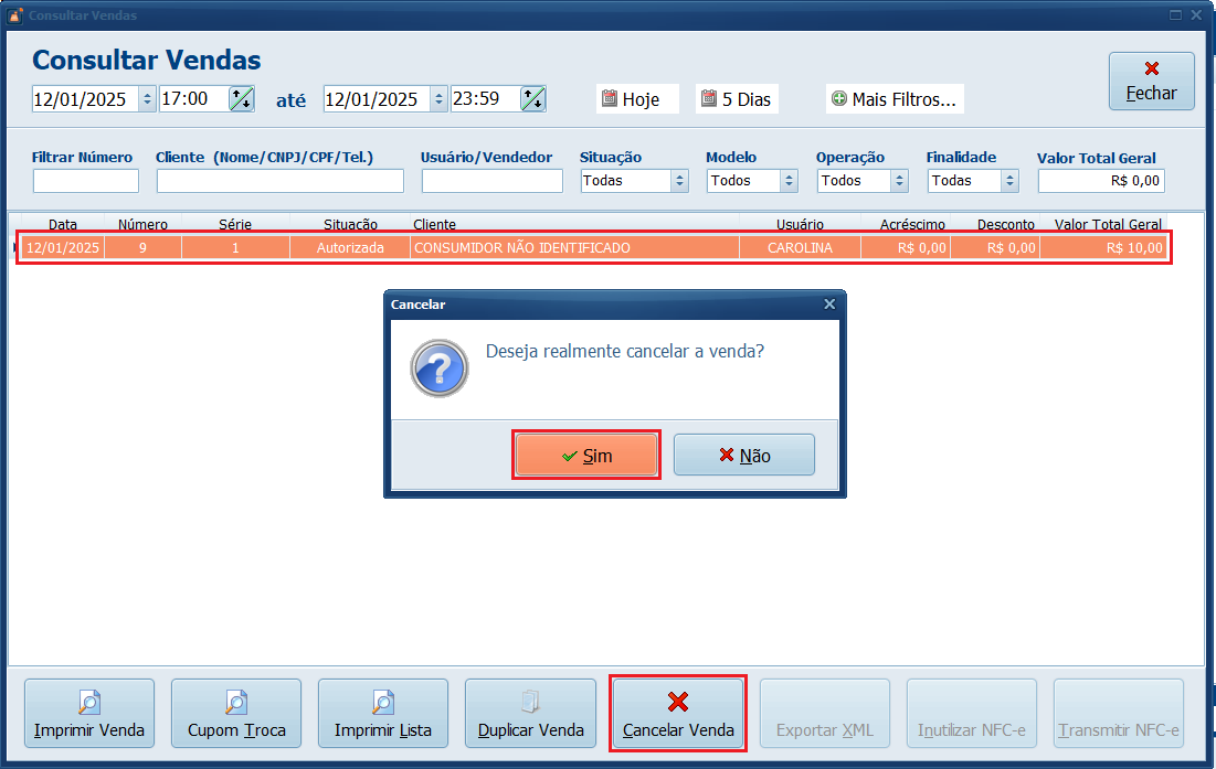 Cancelar Venda_PDV_Estorno | Datacaixa Cancelar a venda > Sim