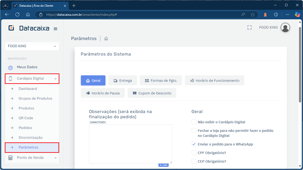 Cardápio Digital_Parâmetros | Datacaixa Frete Grátis > Cardápio Digital