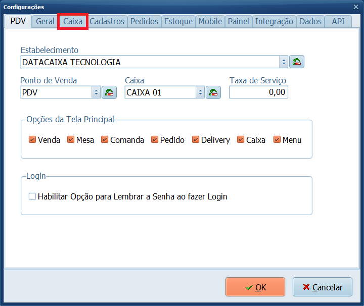 Menu Gerencial_Configurações_Caixa | Datacaixa