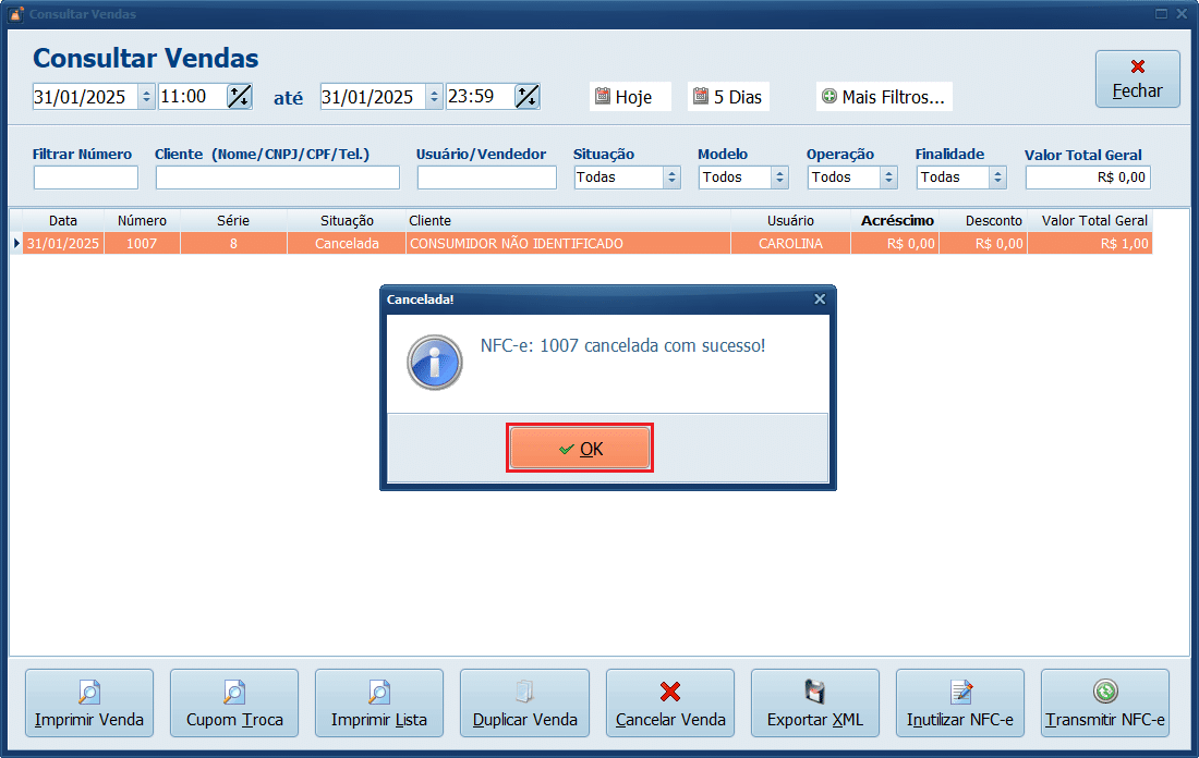 NFC-e cancelada com sucesso_PDV | Datacaixa