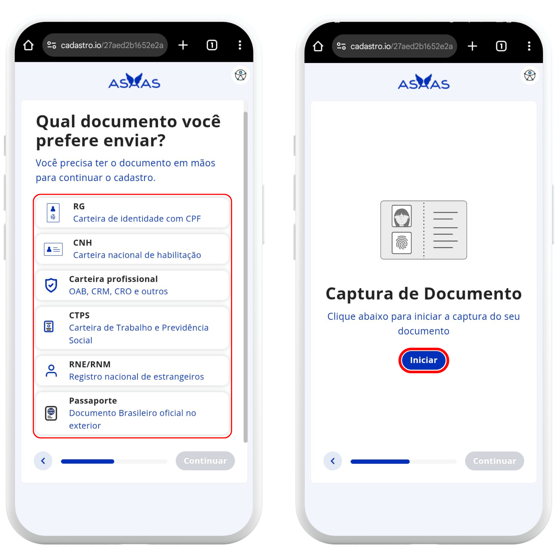 Abertura de conta_Asaas_Documento_Continuar | Datacaixa