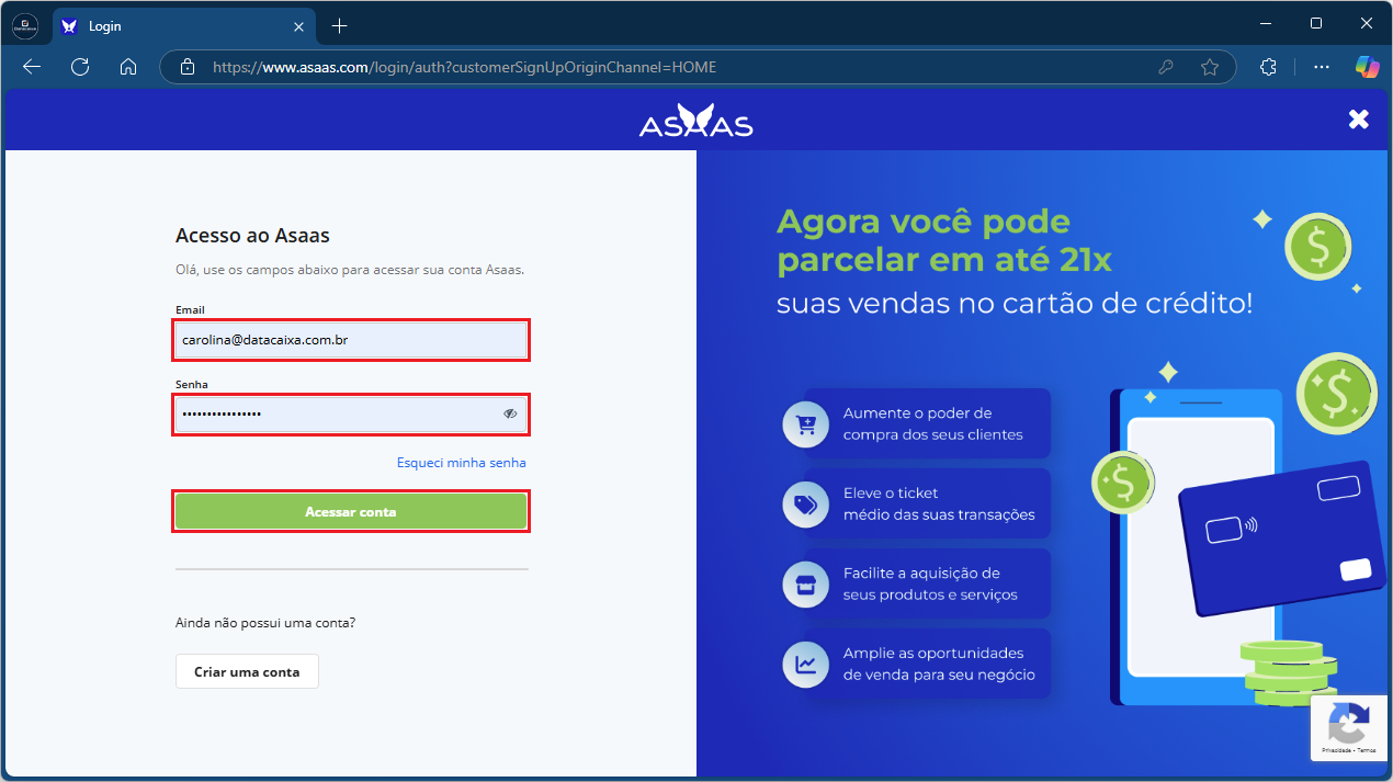 Acesso ao Asaas_Email_senha | Datacaixa