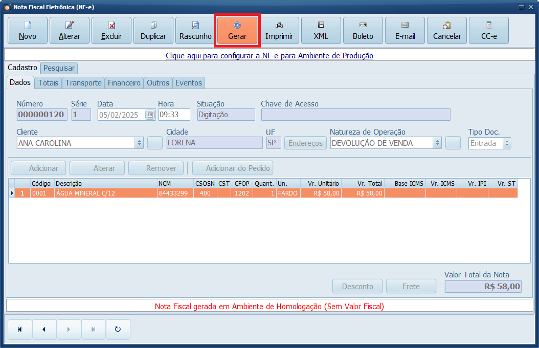 Gerar_NF_Devolução Própria_Gestão_NF | Datacaixa Clique em Gerar.