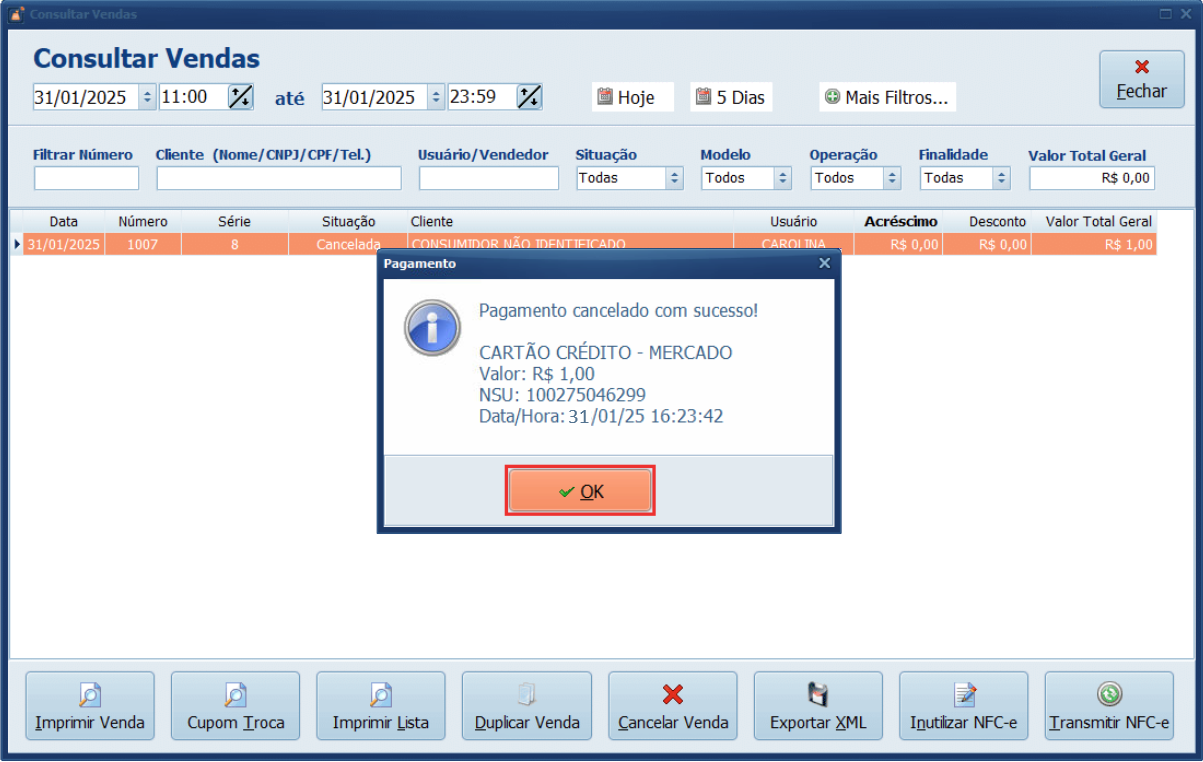 Pagamento cancelado com sucesso_Mercado Pago_Ok | Datacaixa A venda foi cancelada no Sistema e o pagamento estornado ao cliente com sucesso.