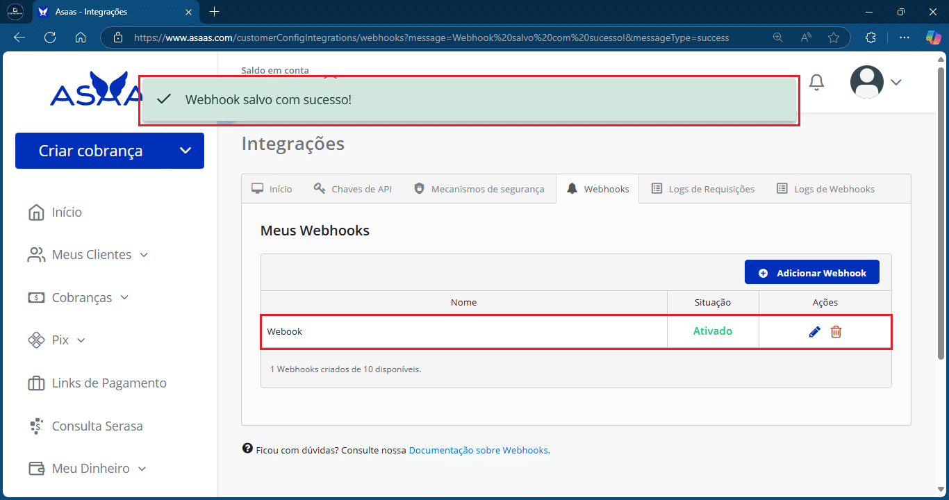 Webhook_Salvo com sucesso_Asaas | Datacaixa Webhook Ativado