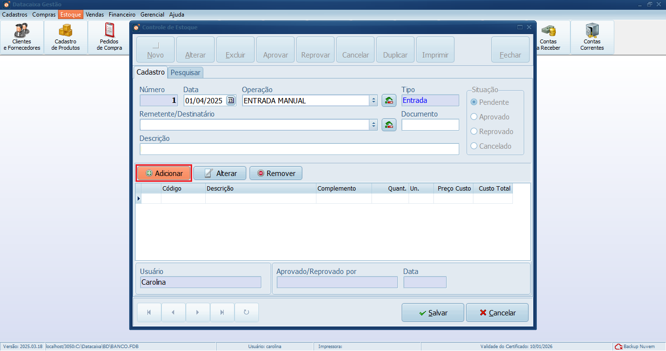 Adicionar_Item_Controle de Estoque_Gestão | Datacaixa