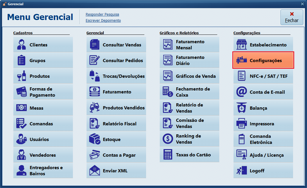 Menu Gerencial_Configurações_2025 | Datacaixa Datacaixa PDV - Menu Gerencial > Configurações