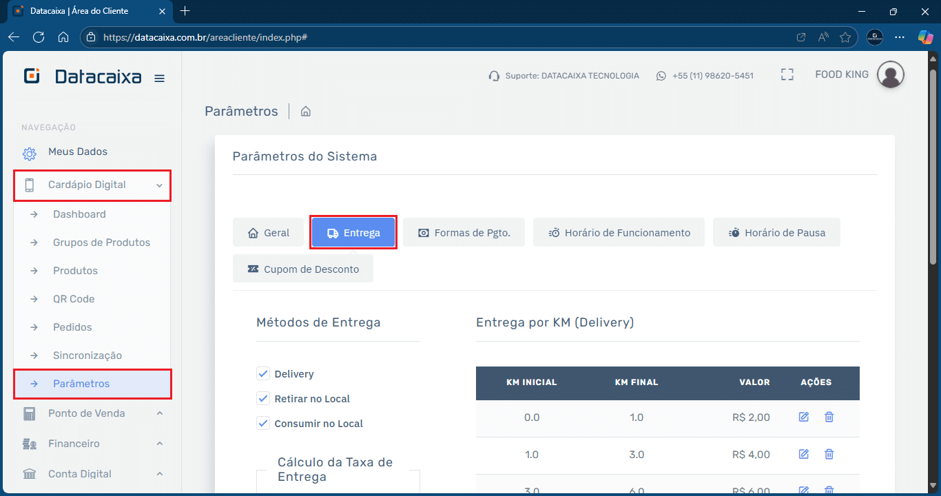 Cardápio Digital_Parâmetros_Entrega_KM | Datacaixa