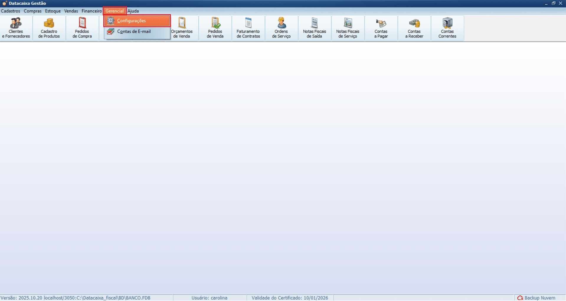 gerencial-configurações | Datacaixa menu Gerencial > Configurações.