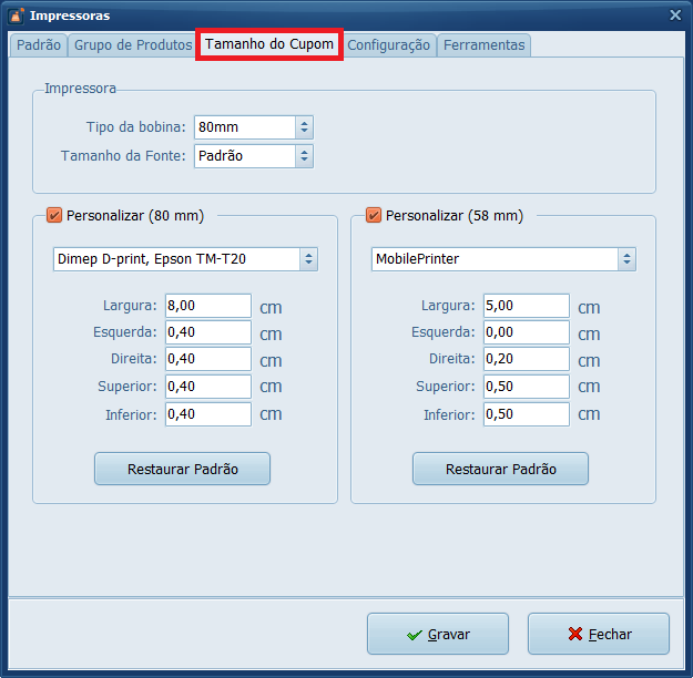 tamanho do cupom_impressora | Datacaixa configurar o tamanho